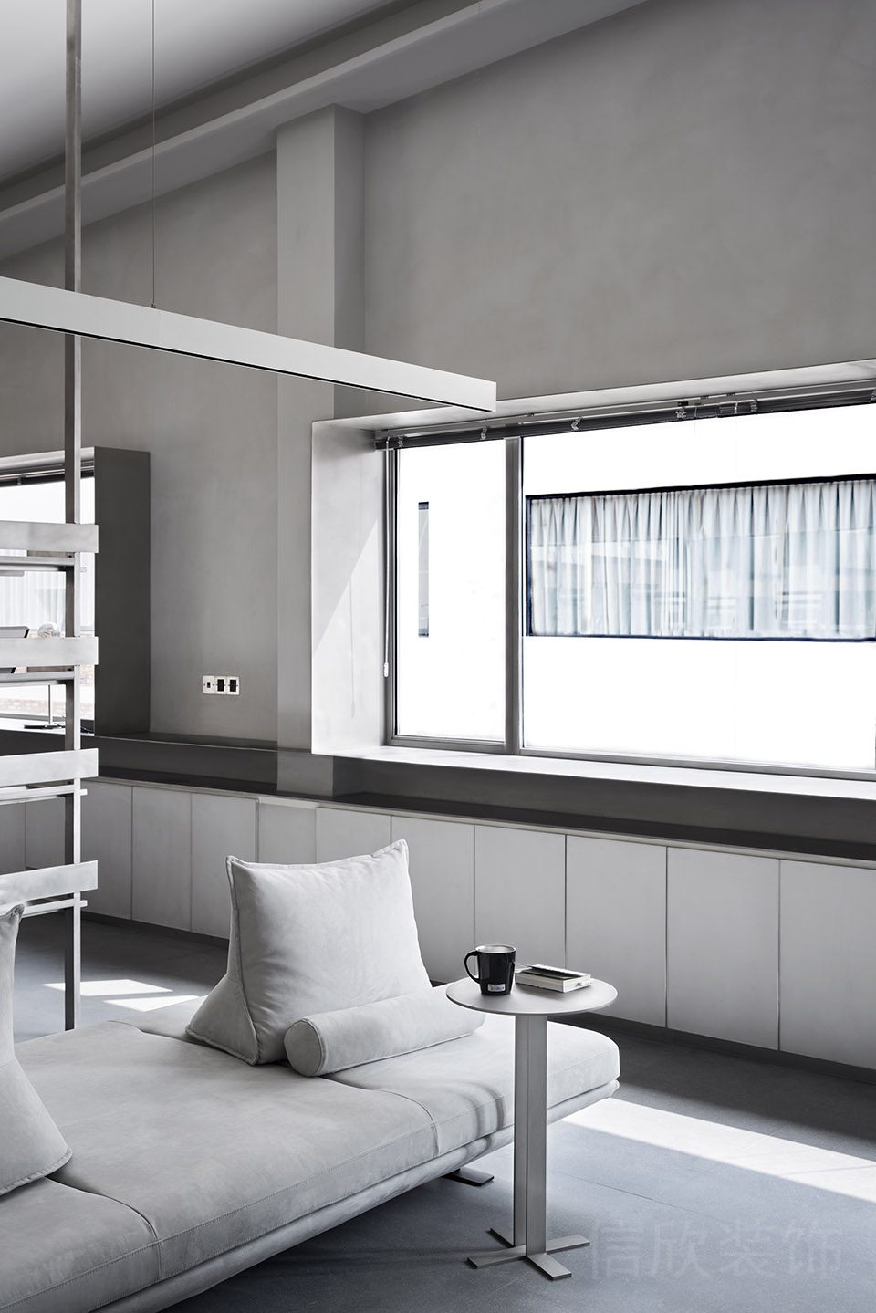 背靠背式布藝沙發(fā)灰色設(shè)計(jì)洽談室公共開放式休息區(qū)效果圖