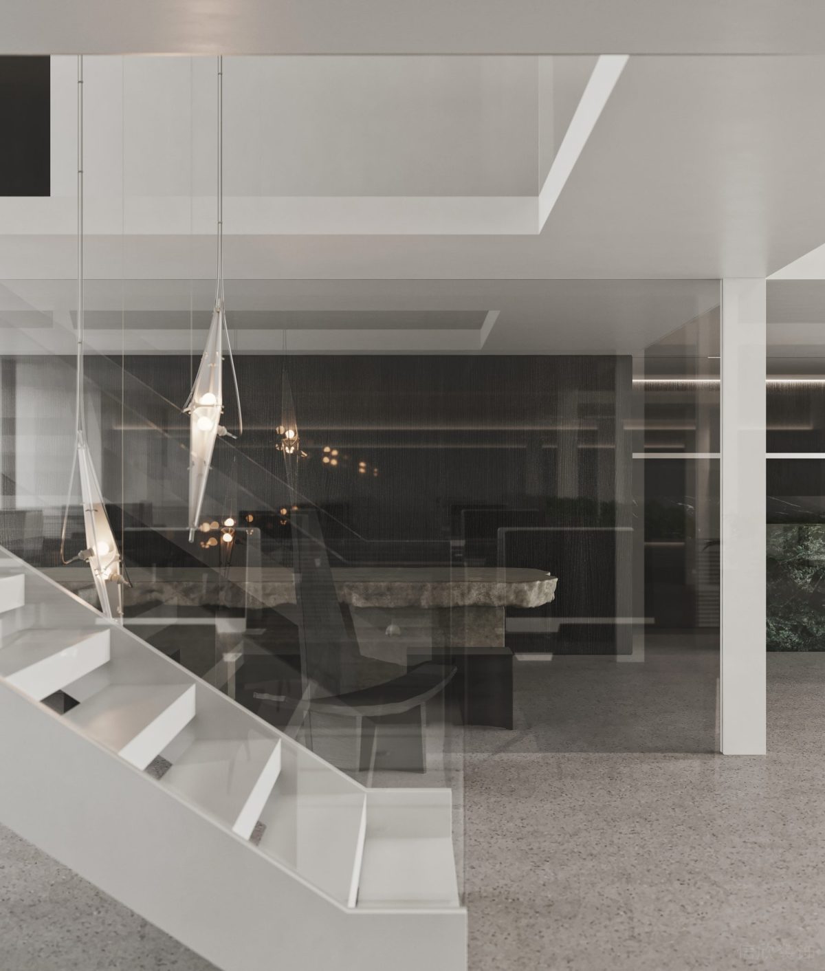 玻璃半墻隔斷辦公室階梯式過(guò)道黑白色調(diào)水磨石設(shè)計(jì)效果