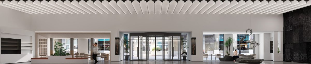 玻璃隔斷辦公室設(shè)計(jì)直線過(guò)道裝飾圖通體白色鏤空天花裝修