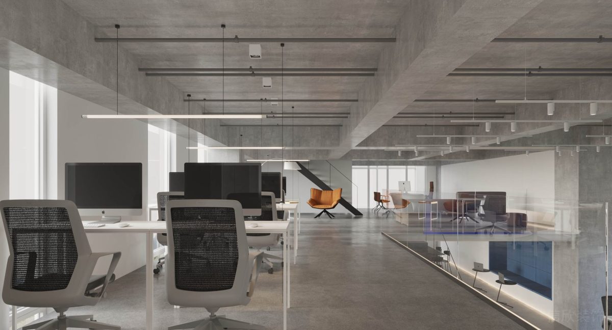 半墻玻璃隔斷現(xiàn)代工業(yè)風(fēng)辦公室工位二樓設(shè)計(jì)效果天花灰色調(diào)裝修