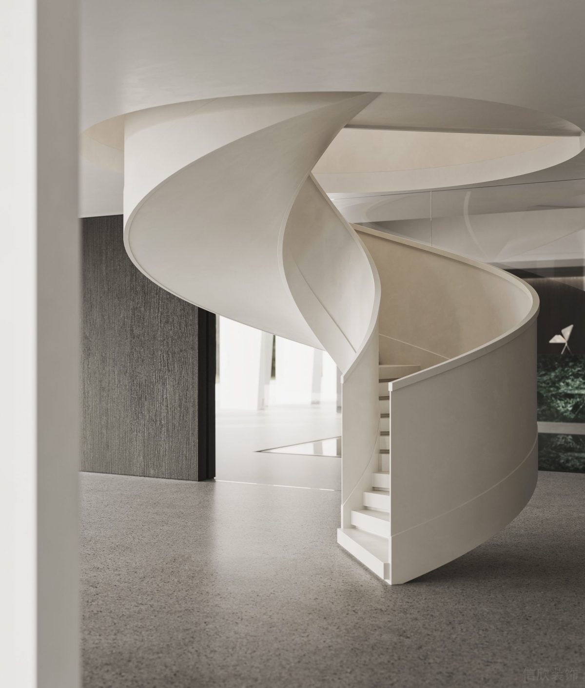 白色旋轉(zhuǎn)樓梯設(shè)計(jì)過(guò)道效果圖水磨石地板辦公室