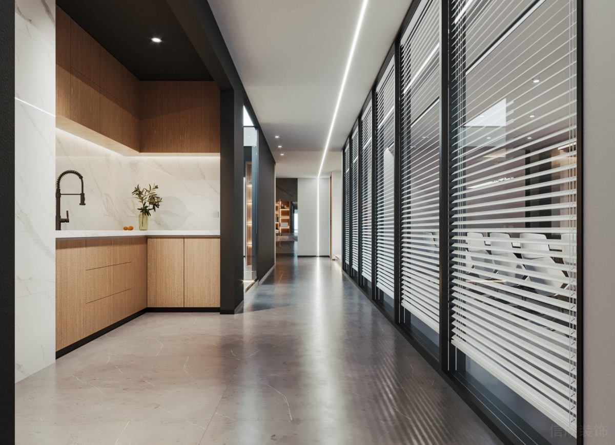 百葉窗辦公室走廊玻璃隔斷效果茶水機(jī)半墻收納多功能設(shè)計(jì)