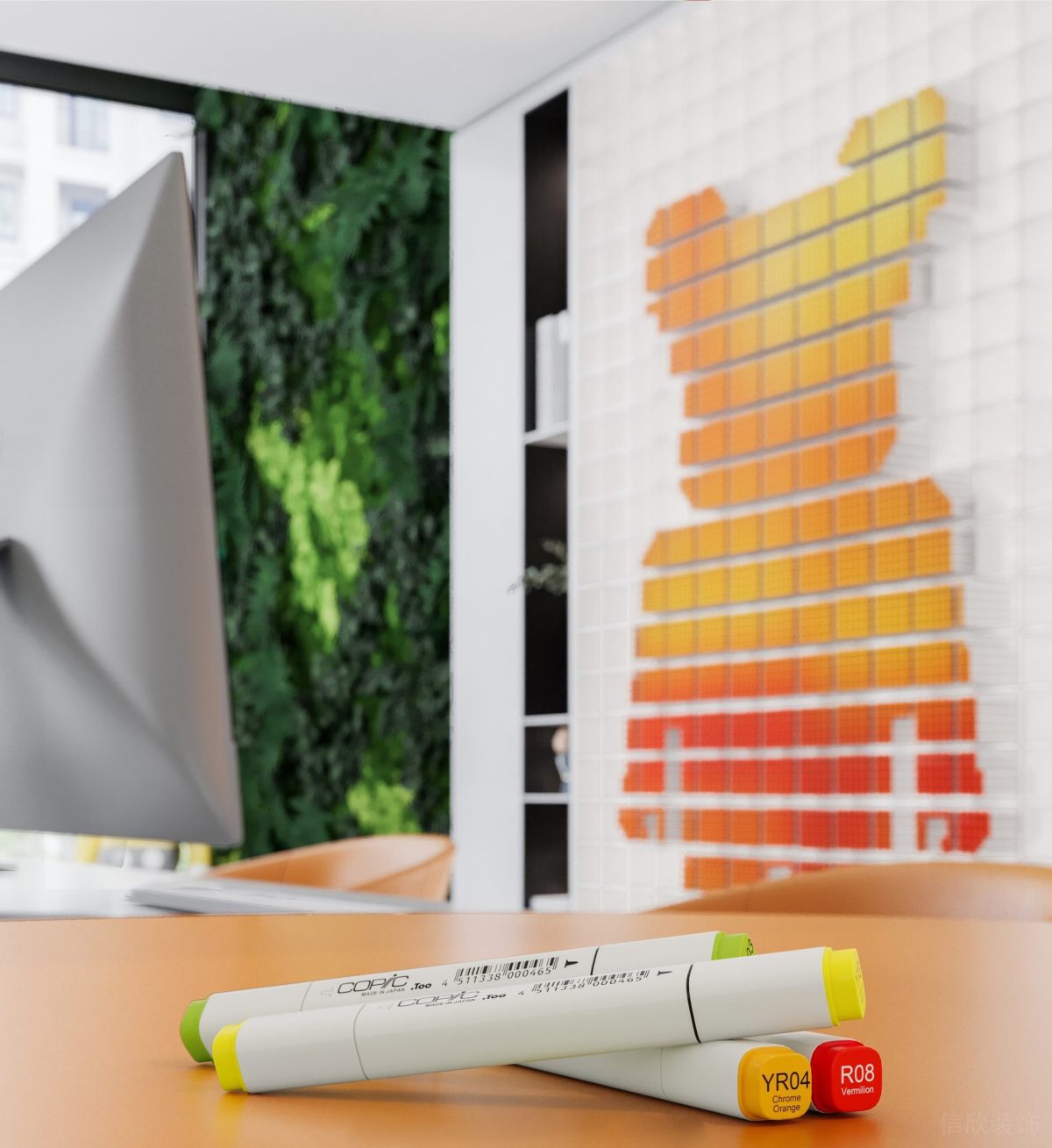 橙色調(diào)桌椅裝修藝術(shù)品漸變色玩偶墻壁設(shè)計辦公室裝修效果圖