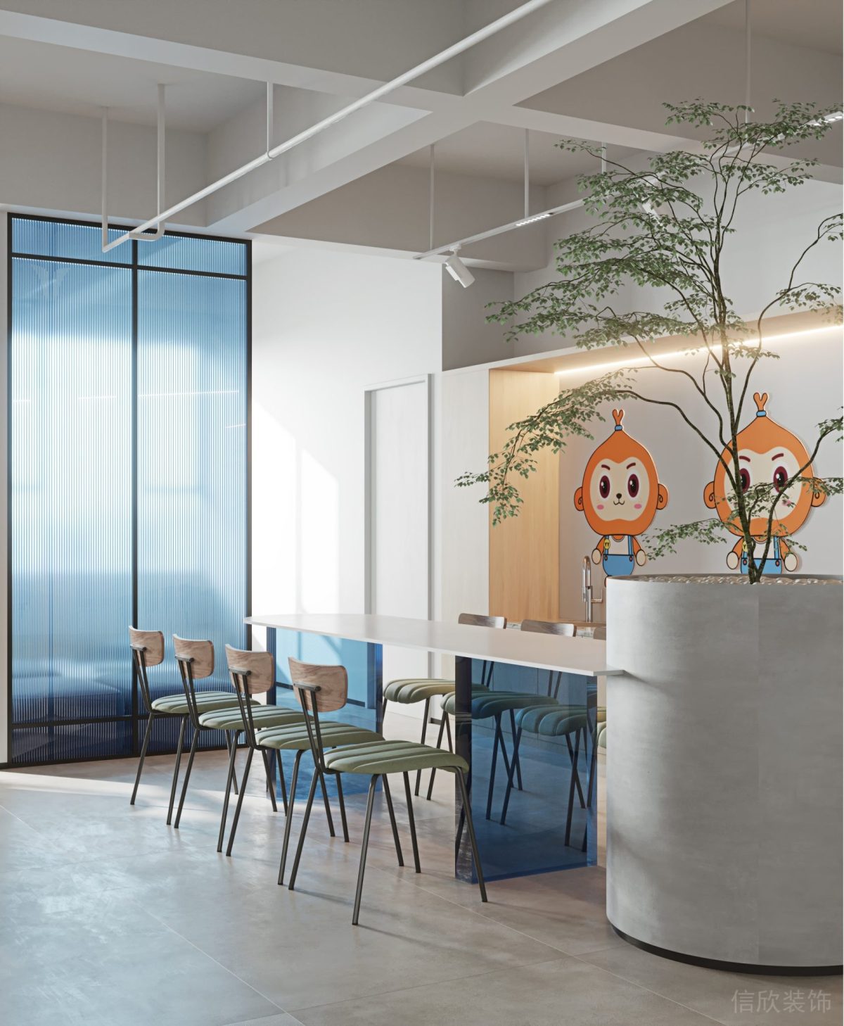 茶水間裝修玻璃藍(lán)色隔斷木飾面簡(jiǎn)約風(fēng)休息區(qū)裝修辦公室