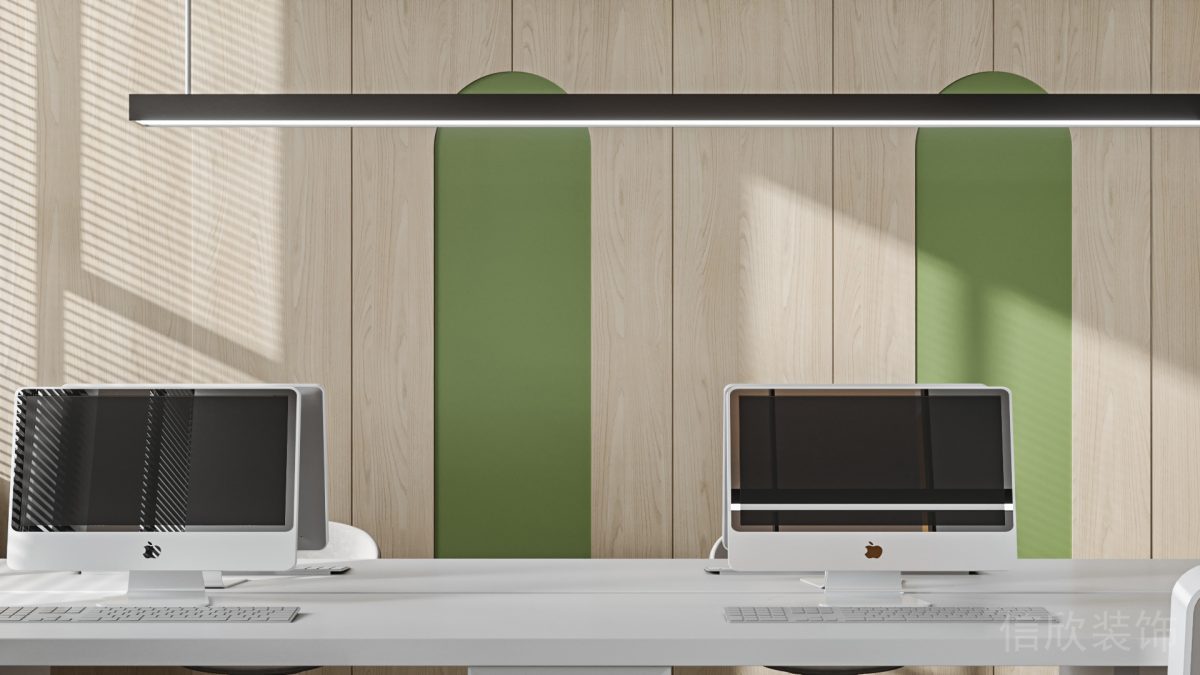 對稱式木飾面綠色墻體效果工位裝修辦公室設(shè)計效果