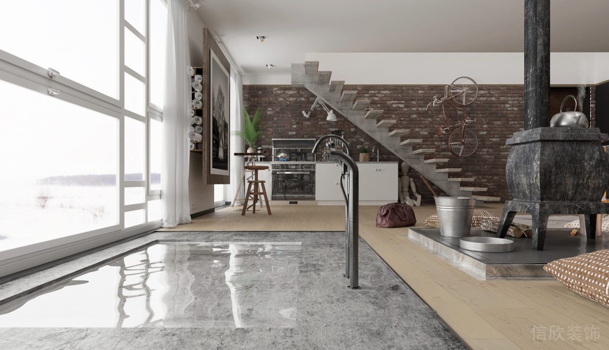 大理石瓷磚效果工作室裝修設(shè)計(jì)效果復(fù)古沒事紅磚效果圖辦公室