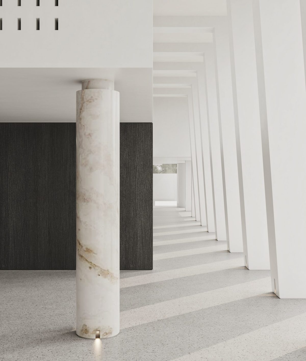 大理石石板材設(shè)計(jì)環(huán)形墻柱效果過(guò)道石墨色地板裝修辦公室白色走廊