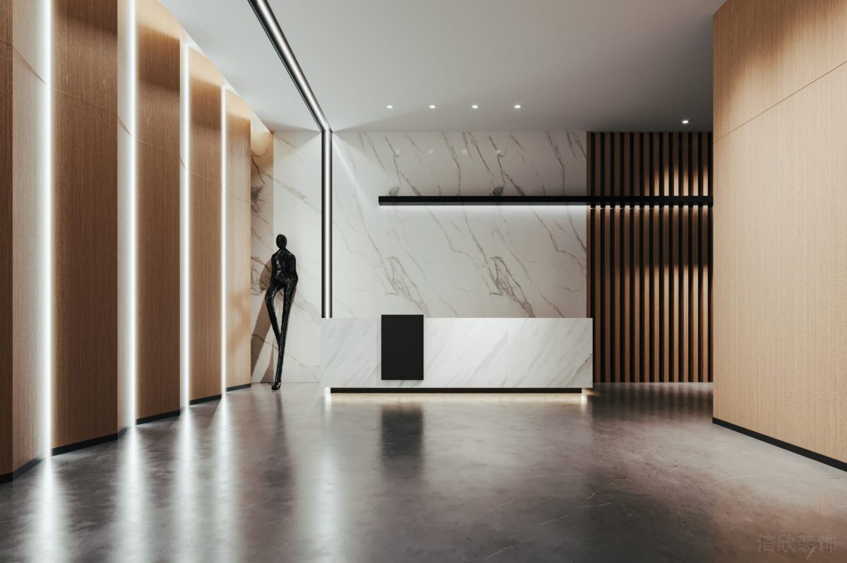 燈飾設計木質墻體隔斷前臺區(qū)瓷磚白色效果輕奢風大廳