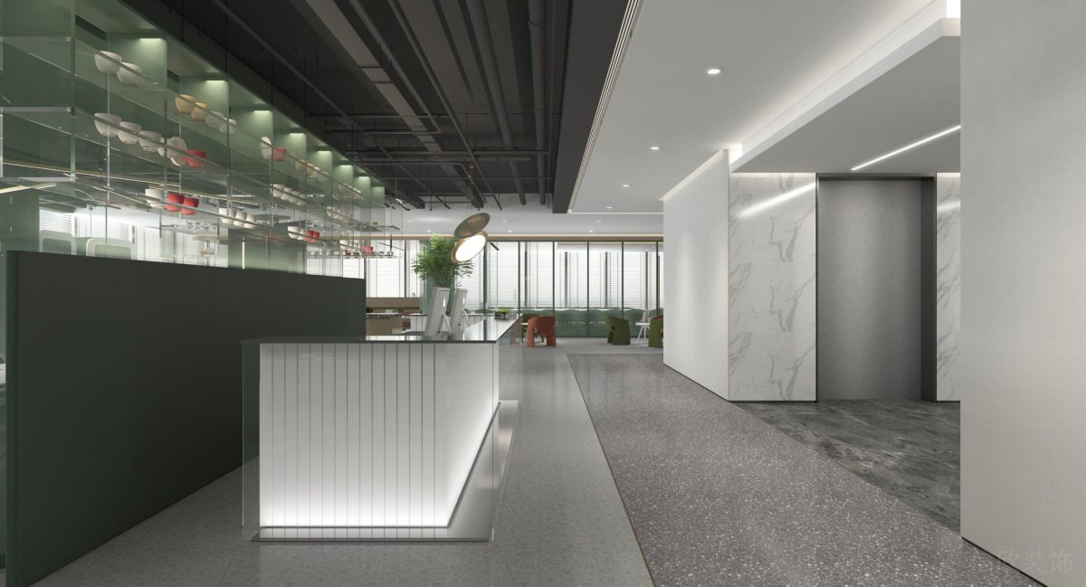 燈飾設計長桌效果辦公室前臺區(qū)玻璃隔斷綠色設計水磨石地板效果