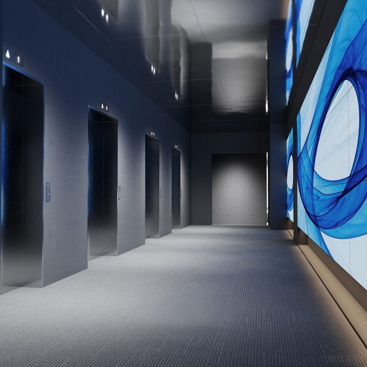 電梯等候區(qū)域設(shè)計(jì)地毯裝修天花鏡面效果圖裝修背景板效果辦公室