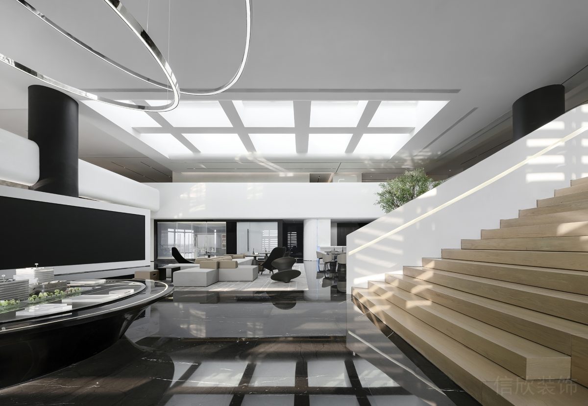 大廳過道辦公室裝修設計現(xiàn)代簡約風木飾面過道裝修燈飾天花格子設計