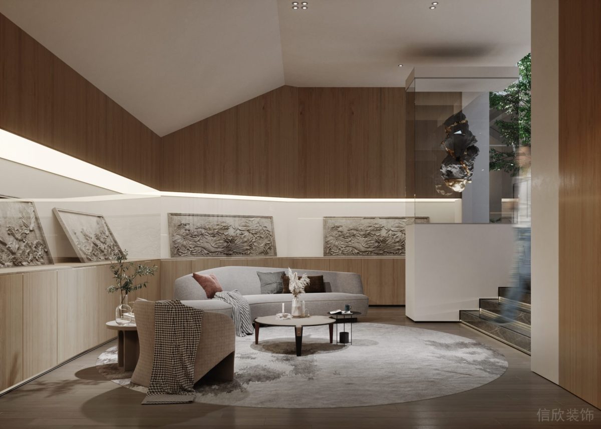 大廳日式木飾面藝術(shù)展畫半墻設(shè)計(jì)儲物效果辦公室弧線裝修圖