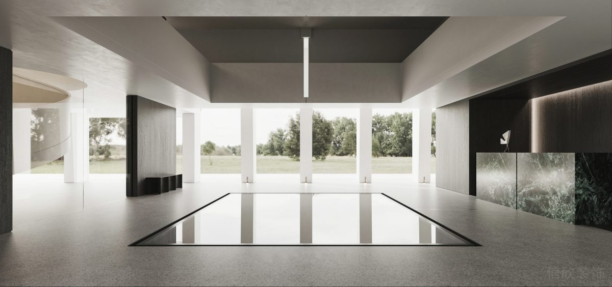 大廳設計環(huán)形玻璃地板設計中軸線設計效果辦公室前臺區(qū)石英花效果