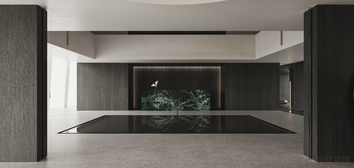 大廳設計前臺區(qū)效果暗色系玻璃地板鏡面視角觀景墻體隔斷裝修黑色設計