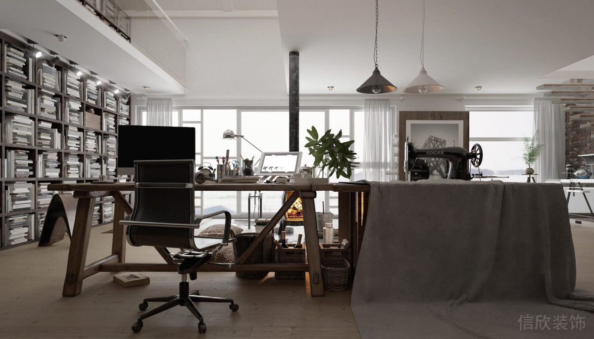 復(fù)古工作室裝修設(shè)計(jì)直線式木質(zhì)縫紉臺(tái)高定空間收納柜設(shè)計(jì)
