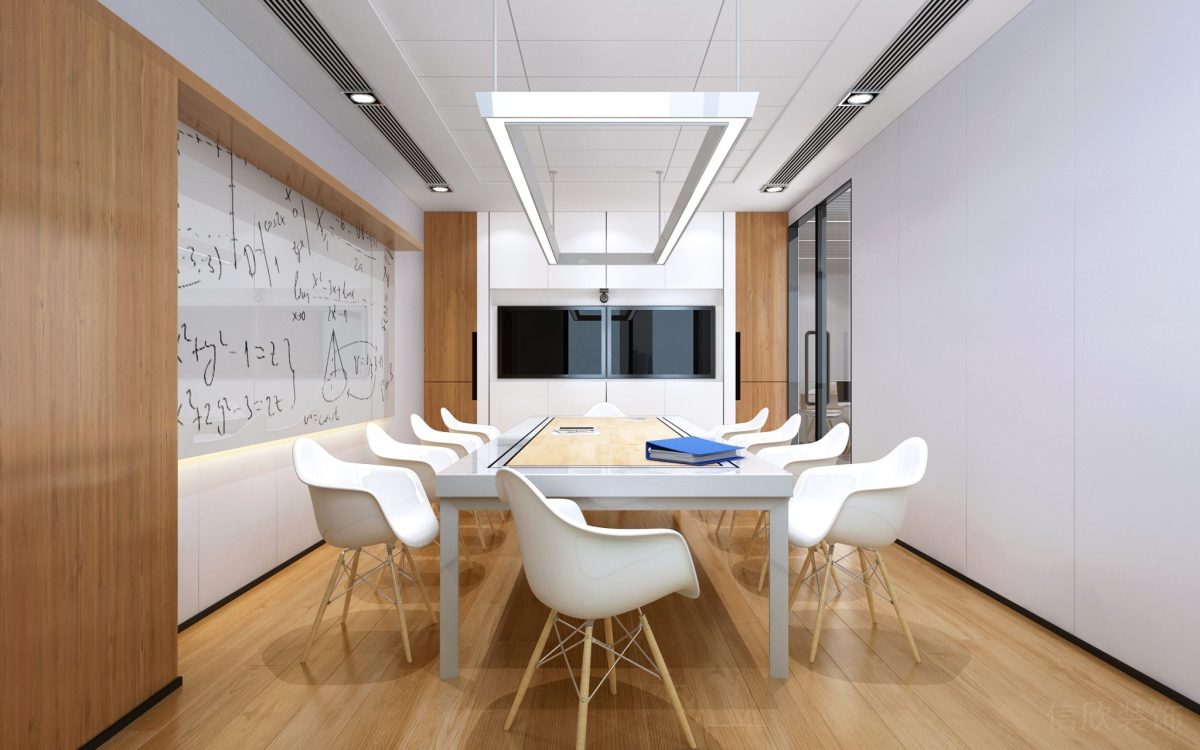 琺瑯白色墻體設(shè)計(jì)會(huì)議室裝修白色簡約風(fēng)效果環(huán)形燈飾效果圖