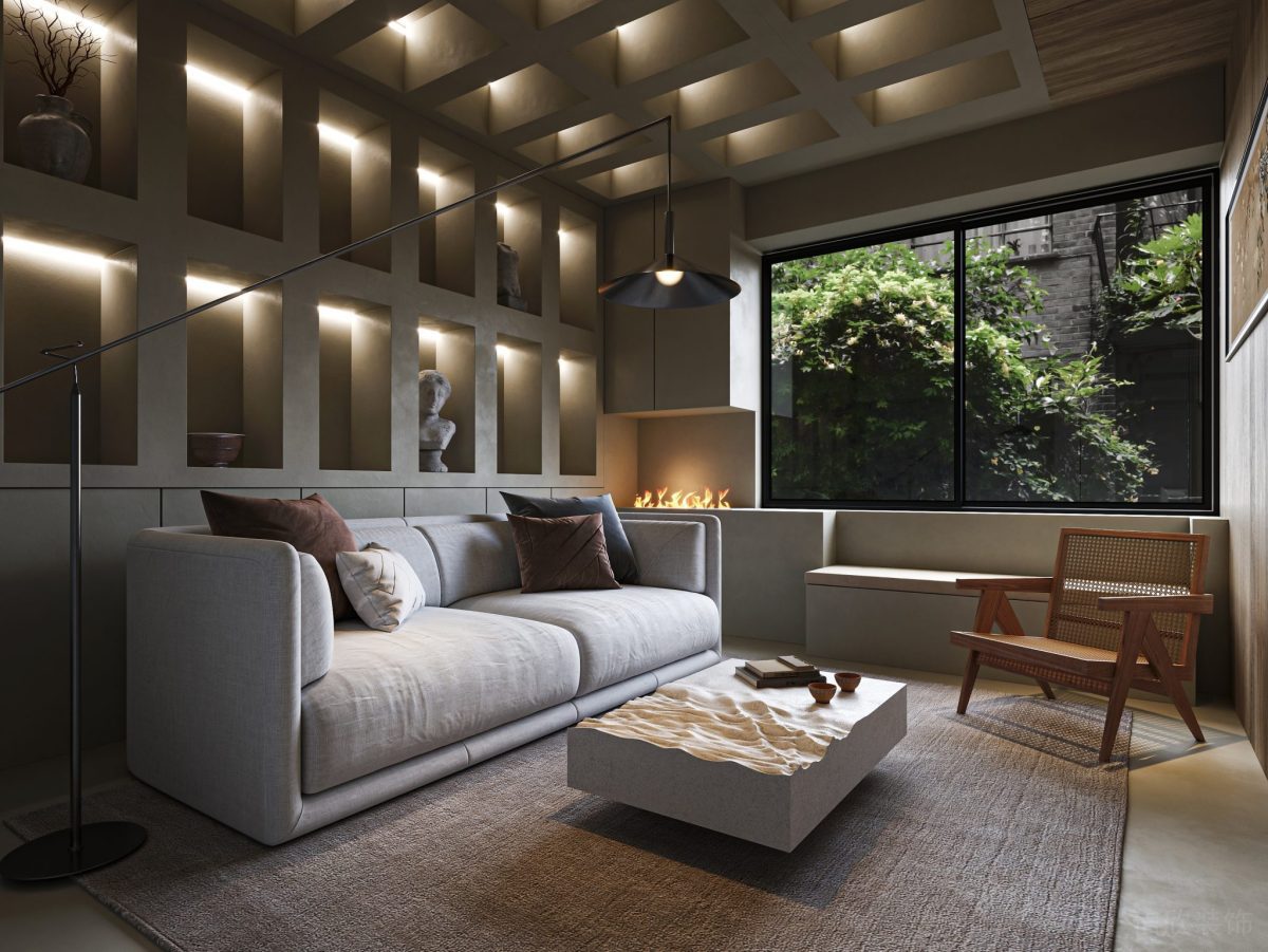 方形鏤空式置物柜鋁合金復古吊燈設(shè)計辦公室休息區(qū)效果圖