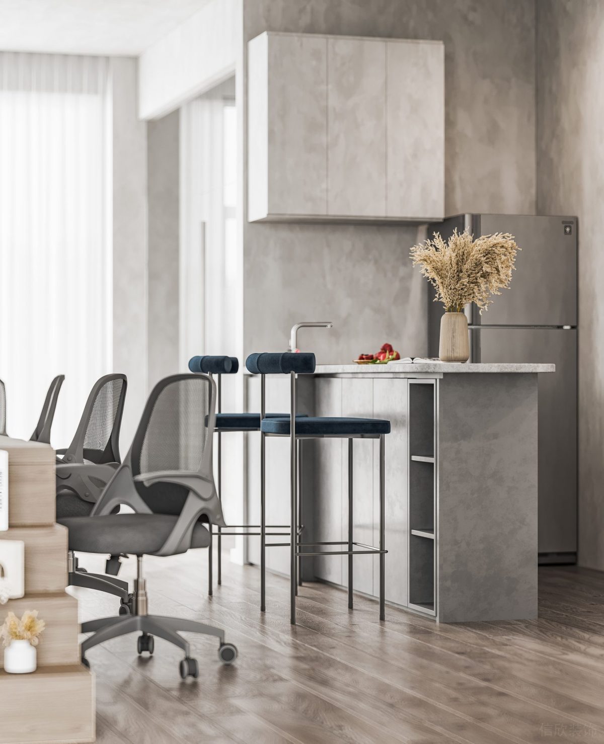 高腳椅設(shè)計(jì)灰色調(diào)墻體設(shè)計(jì)暈染裝修休息區(qū)過道木質(zhì)地板辦公室