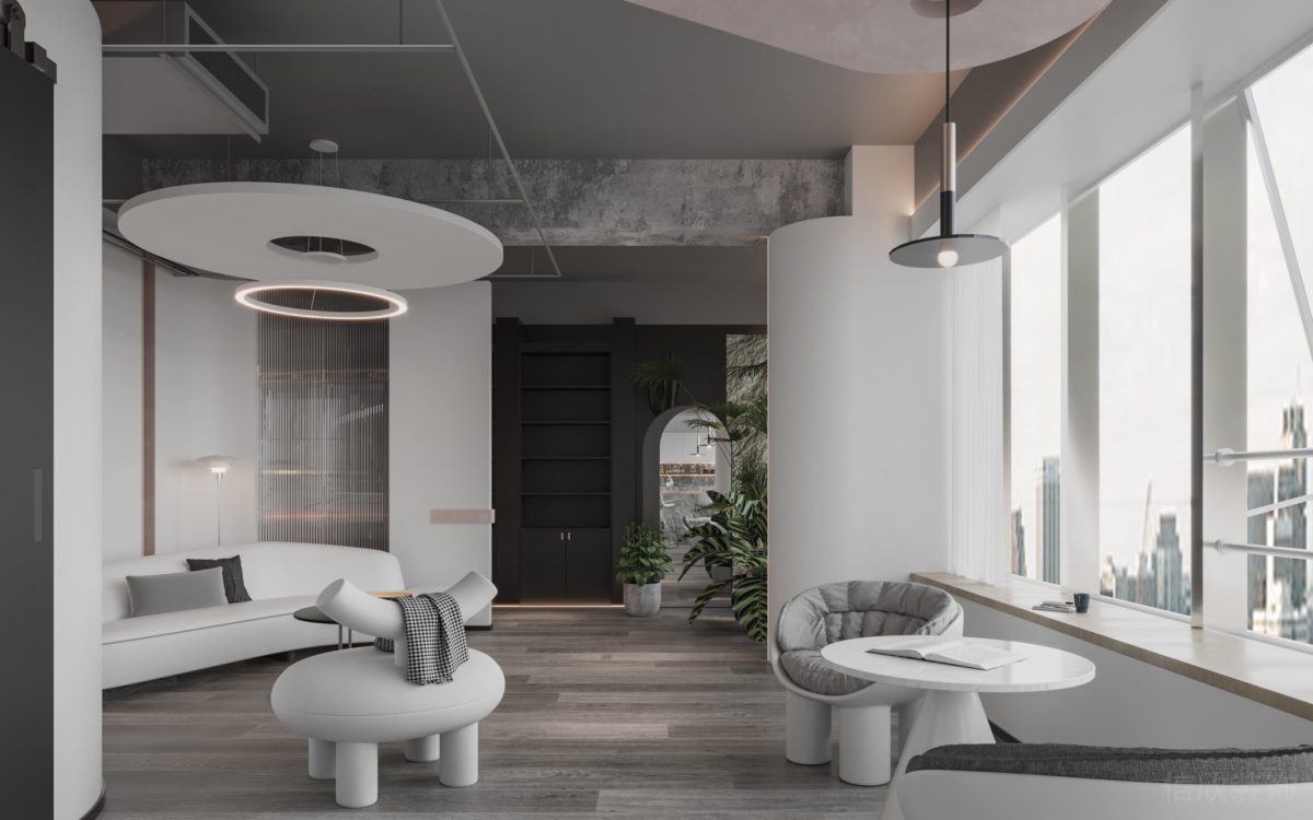 工業(yè)風(fēng)天花板裝修弧形燈帶設(shè)計(jì)辦公室設(shè)計(jì)效果圖