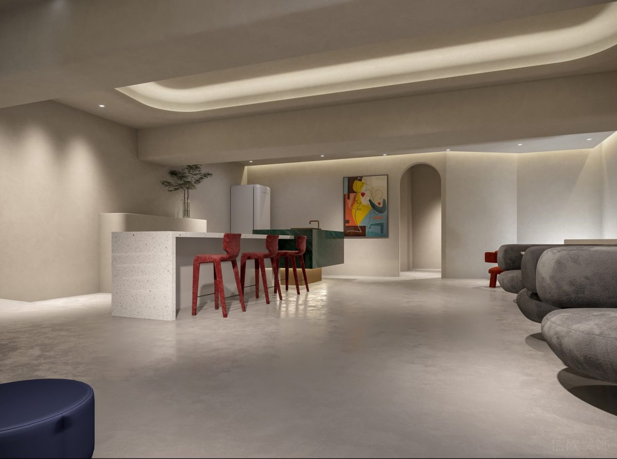 工作室裝修設計紅高腳椅直線式長桌裝修大廳洽談區(qū)設計極簡風