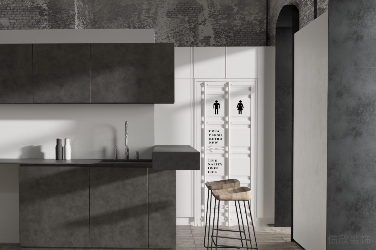 黑白色調(diào)茶水間洗手池效果木質(zhì)高腳椅辦公室效果圖