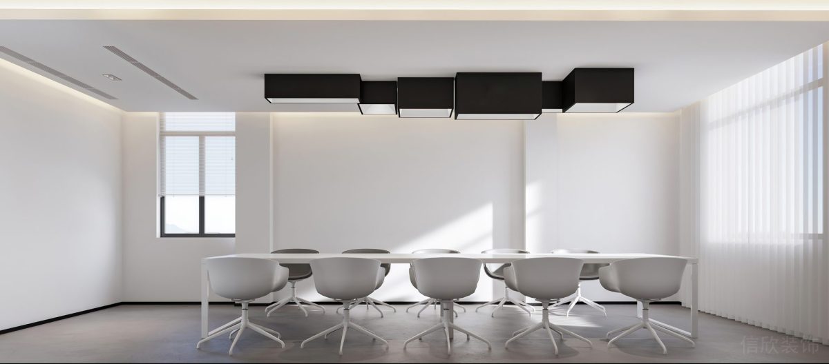 黑白色調(diào)會(huì)議室裝修辦公室裝修天花燈飾效果直線(xiàn)式長(zhǎng)桌裝修