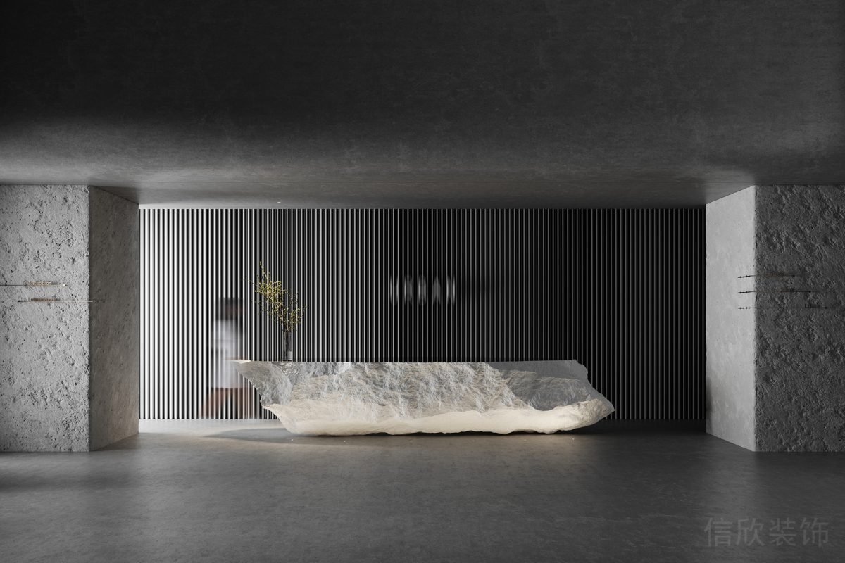 黑白色調(diào)酒店大堂設計大廳裝修辦公室設計石板材鏤空墻體背景板效果