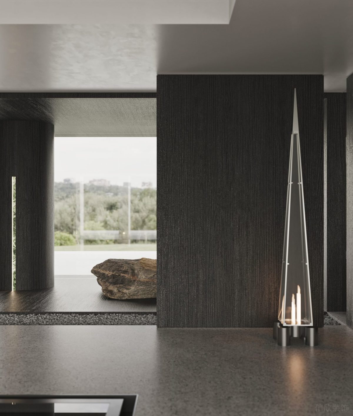 灰色調(diào)高級(jí)感現(xiàn)代辦公室設(shè)計(jì)墻體效果鵝軟石過(guò)道裝修燈飾效果