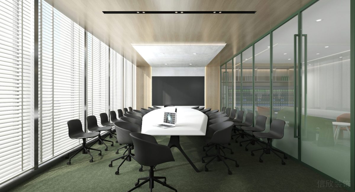 黑色會(huì)議室裝修設(shè)計(jì)綠色地毯效果原木風(fēng)天花設(shè)計(jì)裝修辦公室隔斷
