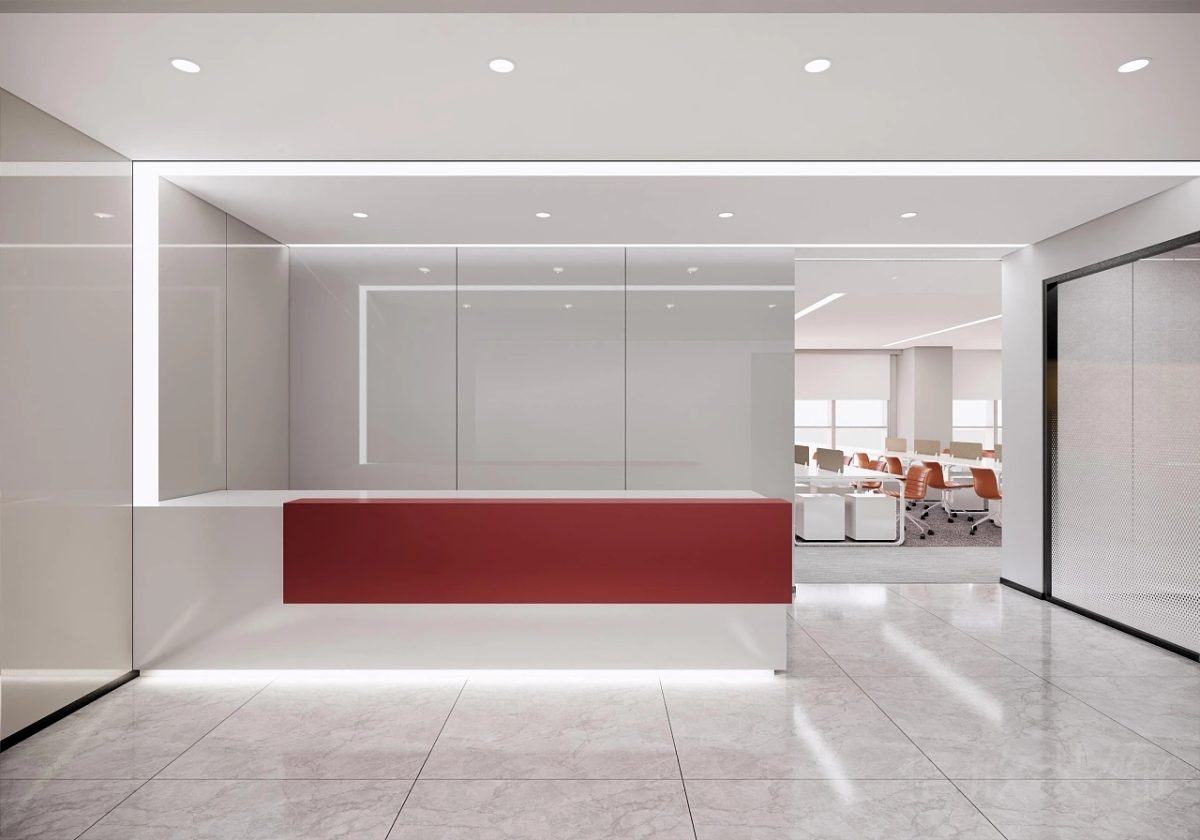 紅色前臺區(qū)內嵌led燈飾設計前臺區(qū)裝飾效果辦公室設計圖