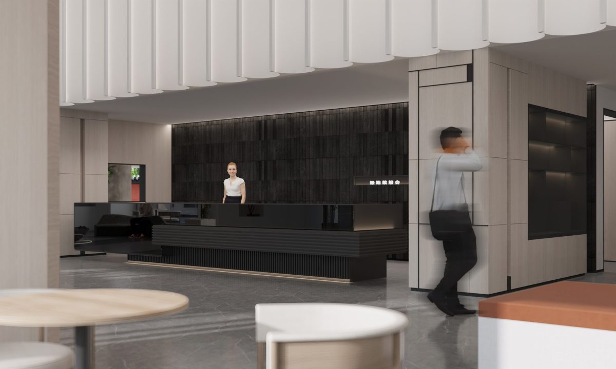 黑色前臺區(qū)設計瓷磚效果辦公室設計墻體內嵌式顯示屏廣告效果