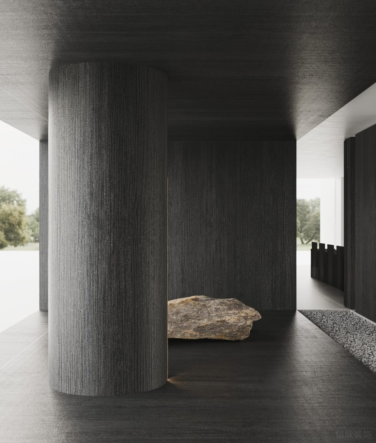 黑色設(shè)計(jì)效果裝修墻柱效果木飾面環(huán)形墻柱設(shè)計(jì)過(guò)道辦公室