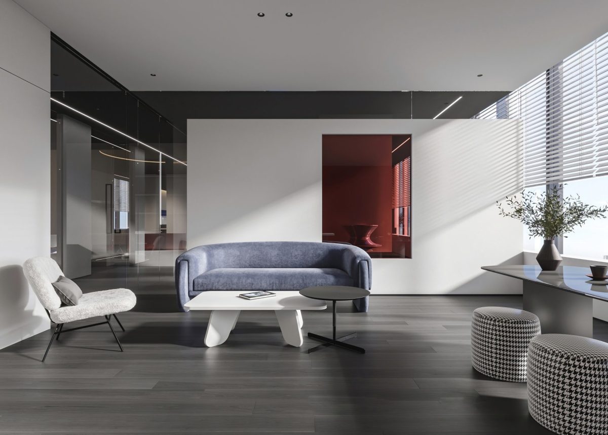 灰色原木地板裝修藍色反絨皮沙發(fā)設計辦公室員工休息區(qū)裝修設計圖