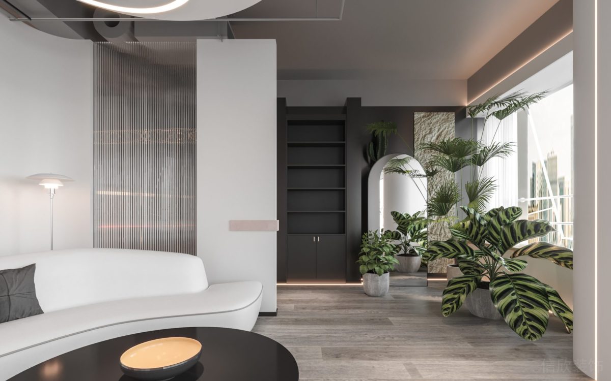 黑色原木內(nèi)嵌式置物柜裝修弧形玻璃半透明屏風(fēng)設(shè)計(jì)辦公室裝修設(shè)計(jì)