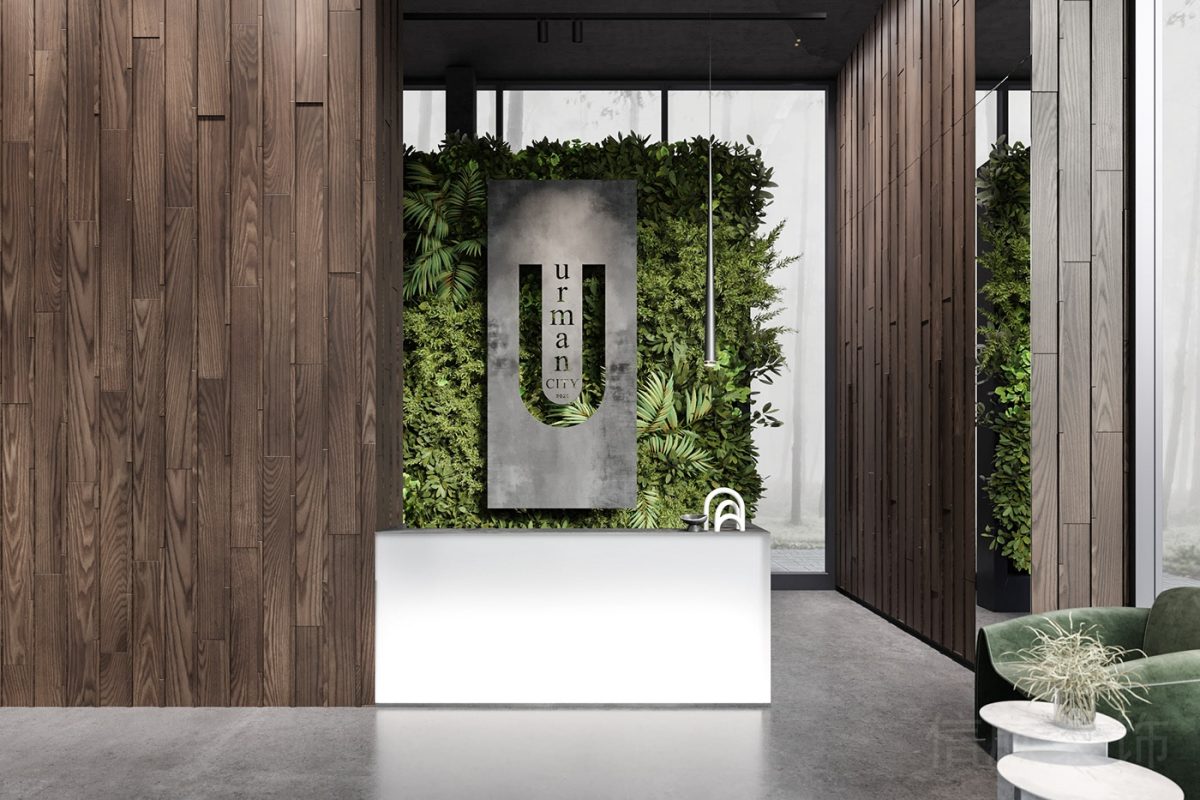 胡桃木深色木質(zhì)休息區(qū)前臺區(qū)綠化裝修金屬鏤空效果簡約風(fēng)設(shè)計(jì)