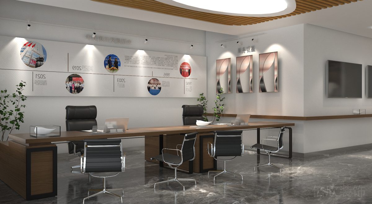 環(huán)形廣告墻體設(shè)計(jì)效果裝修大理石瓷磚效果黑色皮革沙發(fā)效果圖辦公室