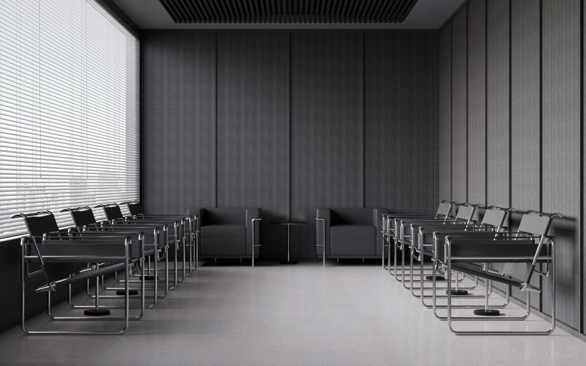 環(huán)形金屬簡(jiǎn)約幾何設(shè)計(jì)線條黑色皮革座椅效果墻體設(shè)計(jì)辦公室