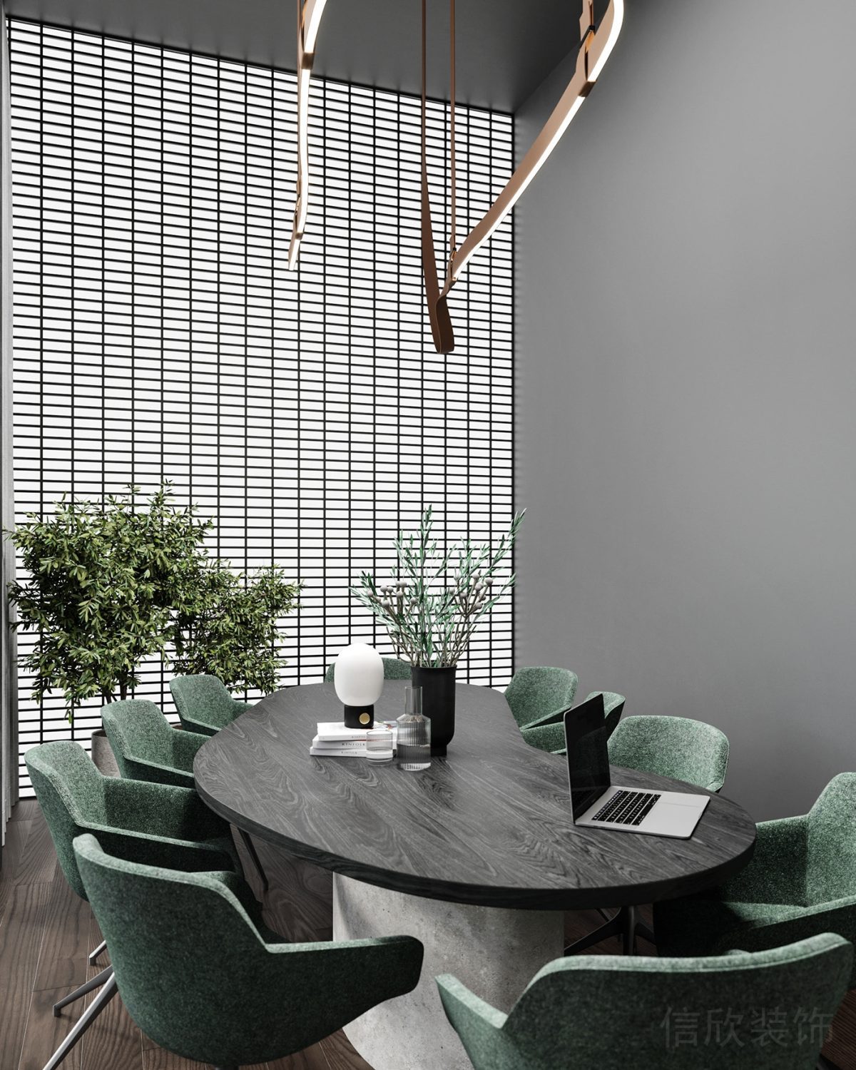 弧線木質會議室裝修效果會議室前臺區(qū)裝修金屬效果