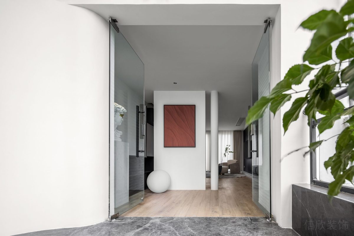 環(huán)形設(shè)計(jì)玻璃隔斷效果實(shí)木效果大理石裝修辦公室過(guò)道