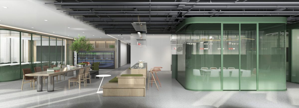 弧線設(shè)計綠色隔斷效果玻璃隔斷木制階梯效果工業(yè)風(fēng)天花設(shè)計圖