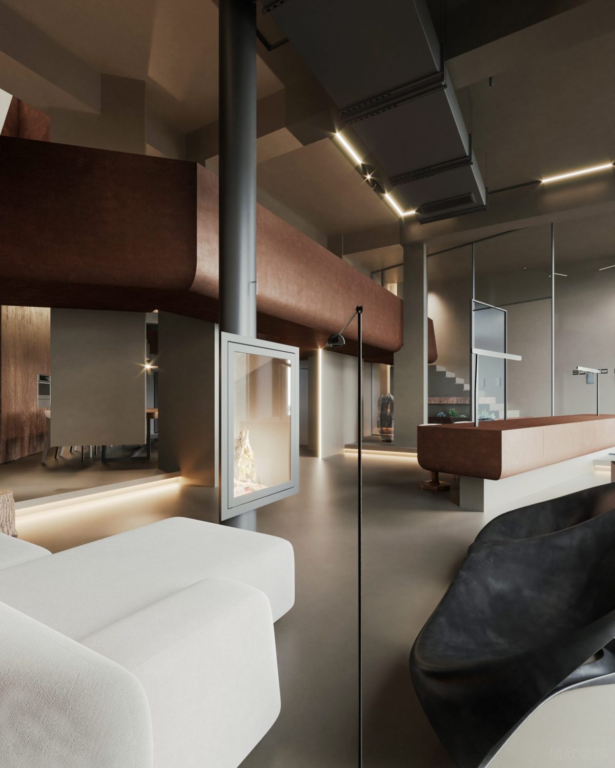 弧線設(shè)計(jì)裝修木質(zhì)休息區(qū)墻體設(shè)計(jì)鏤空櫥窗裝飾效果白色沙發(fā)休息區(qū)