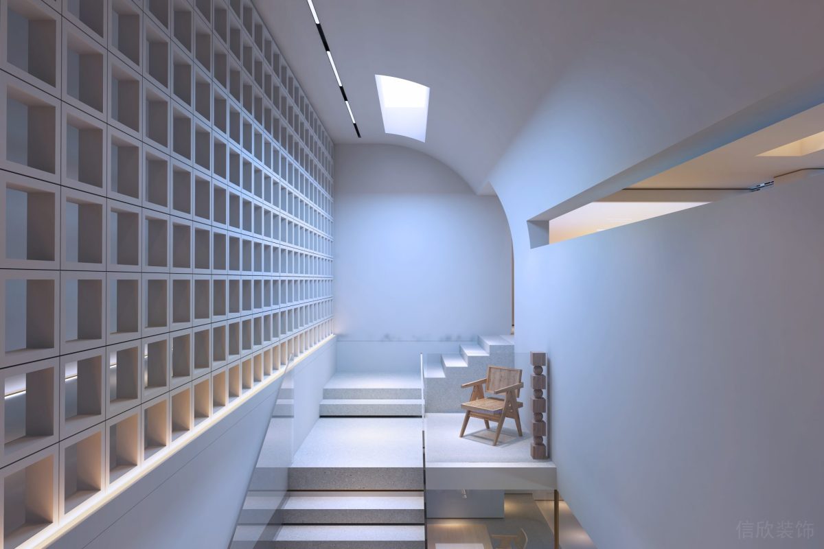 環(huán)形天花設(shè)計(jì)白色簡(jiǎn)約風(fēng)辦公室裝修過道格子鏤空設(shè)計(jì)圖