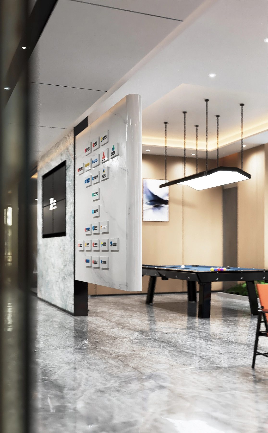 弧線圓角設計辦公室裝修大理石瓷磚效果臺球區(qū)裝修