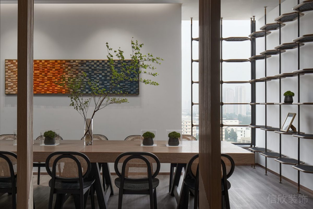 會議室中式風(fēng)編織座椅裝修隔斷書柜效果圖辦公室