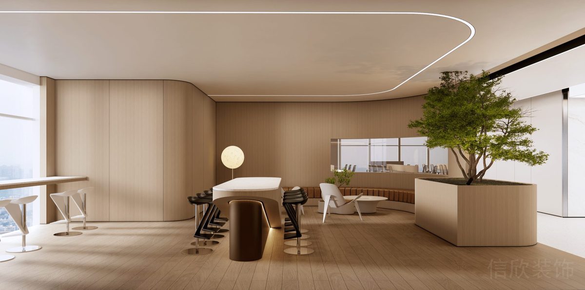 會議室裝修木飾面設(shè)計(jì)弧線墻體裝修綠化效果皮革軟包座椅休息區(qū)