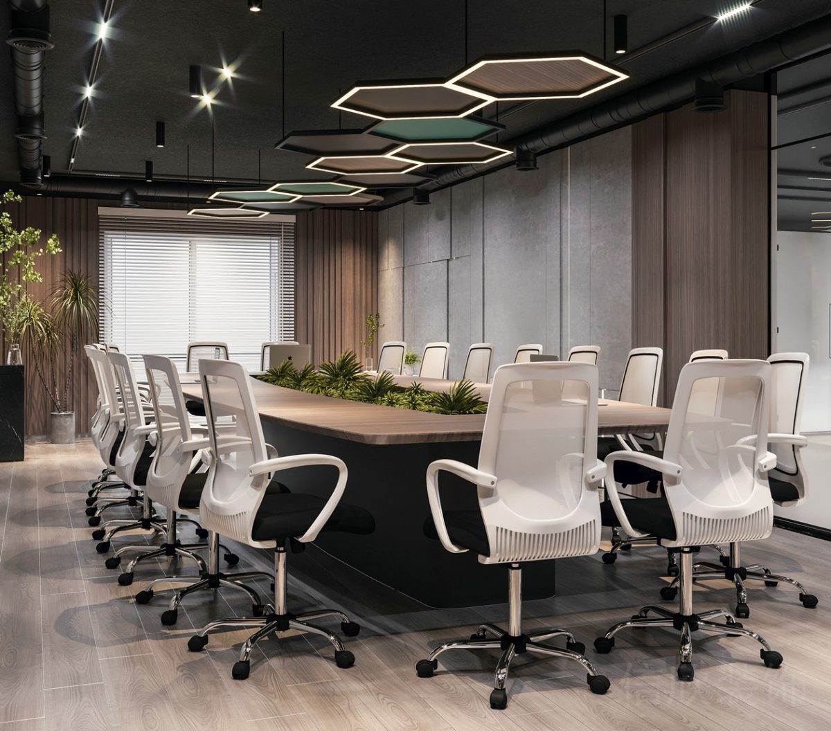 會議室裝修人體工學椅白色效果環(huán)形綠色設計辦公室效果