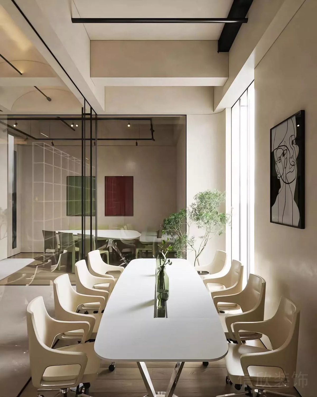 會(huì)議室裝修設(shè)計(jì)白色座椅效果金屬黑色裝修玻璃隔斷