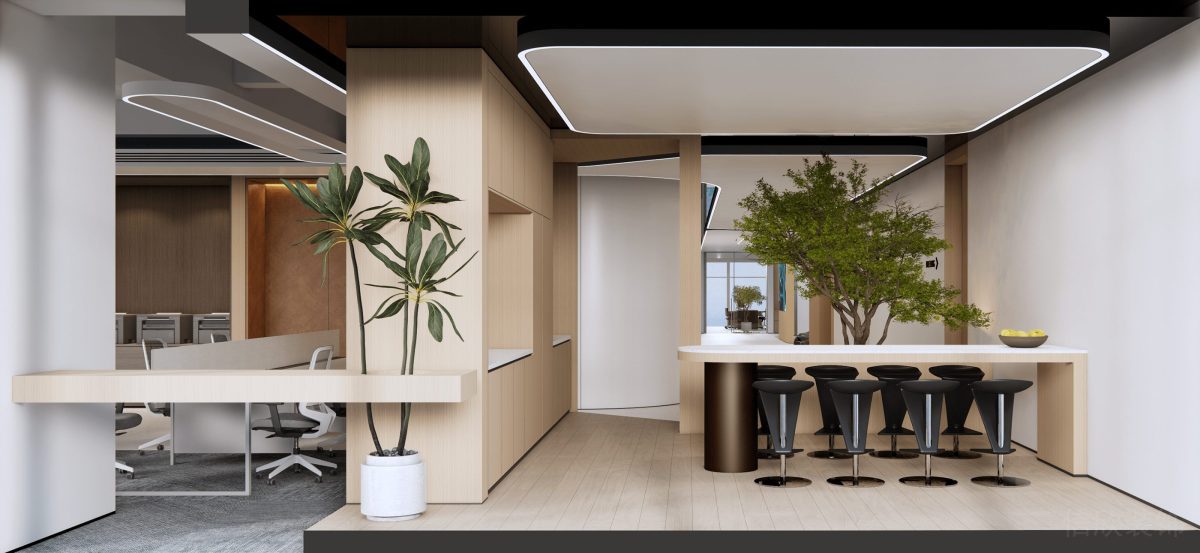 會(huì)議室裝修設(shè)計(jì)木質(zhì)鏤空墻體效果辦公室地臺(tái)燈飾效果圖