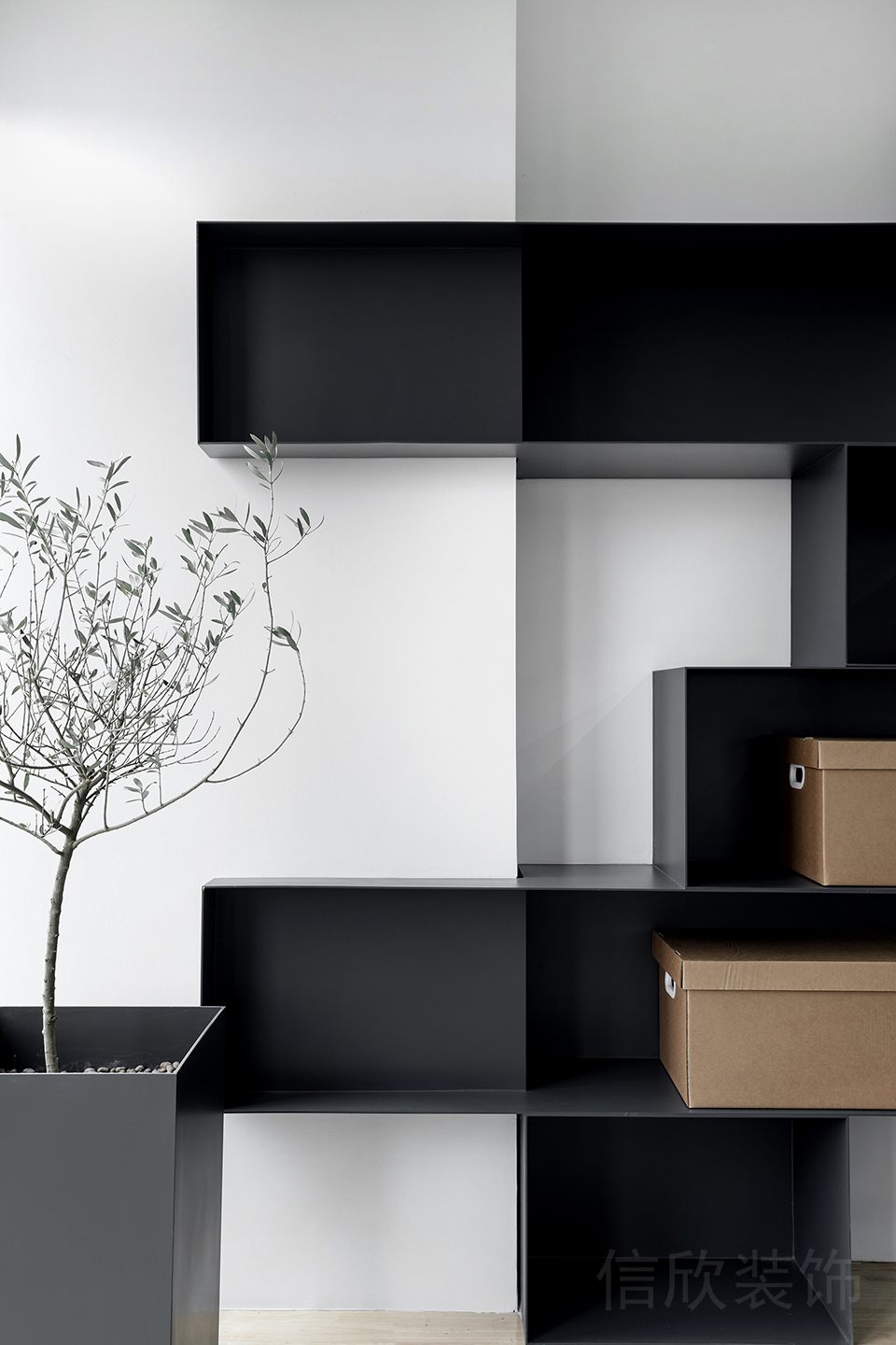 幾何線條黑白色調(diào)辦公室墻柜效果裝修收納設(shè)計(jì)圖