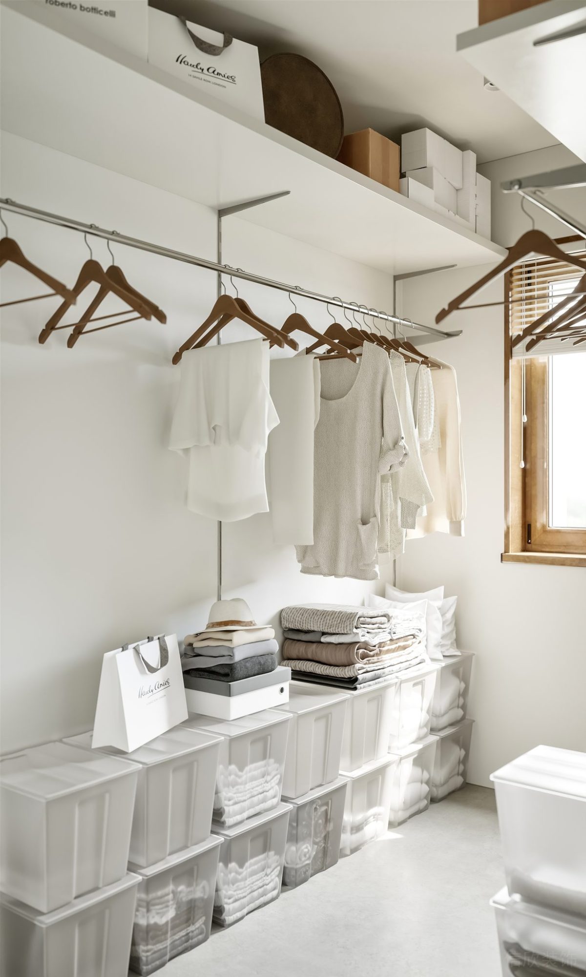 極簡風(fēng)收納金屬吊桿天花收納柜開放式衣帽間設(shè)計